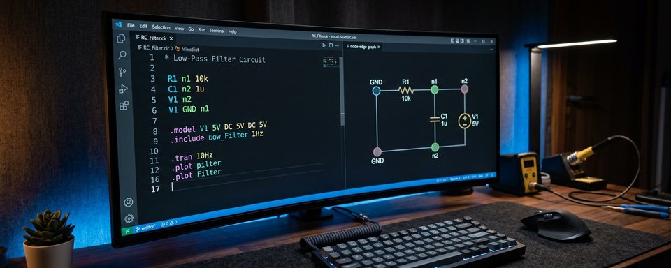 Dark code editor with syntax-highlighted SPICE netlist