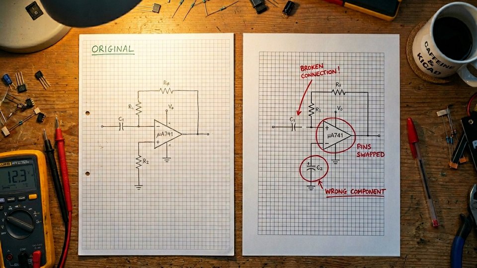 Two schematics side by side with red circles marking transcription errors