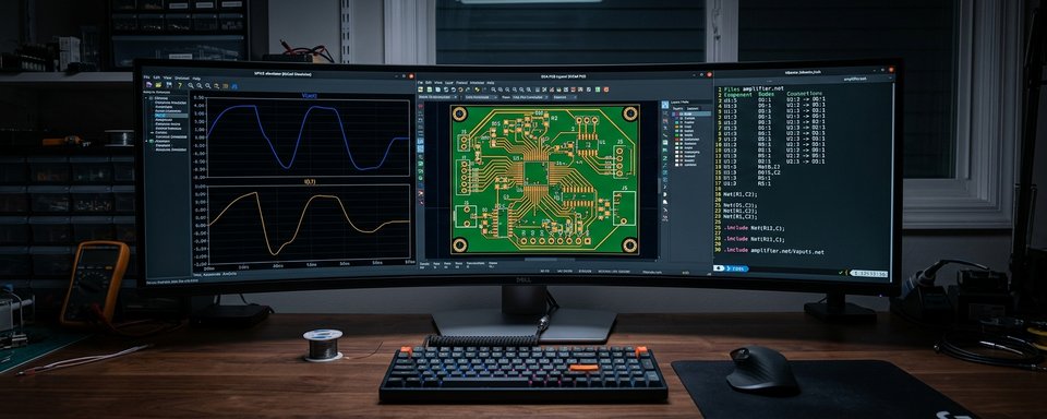 Ultrawide monitor with SPICE, EDA, and netlist tools side by side